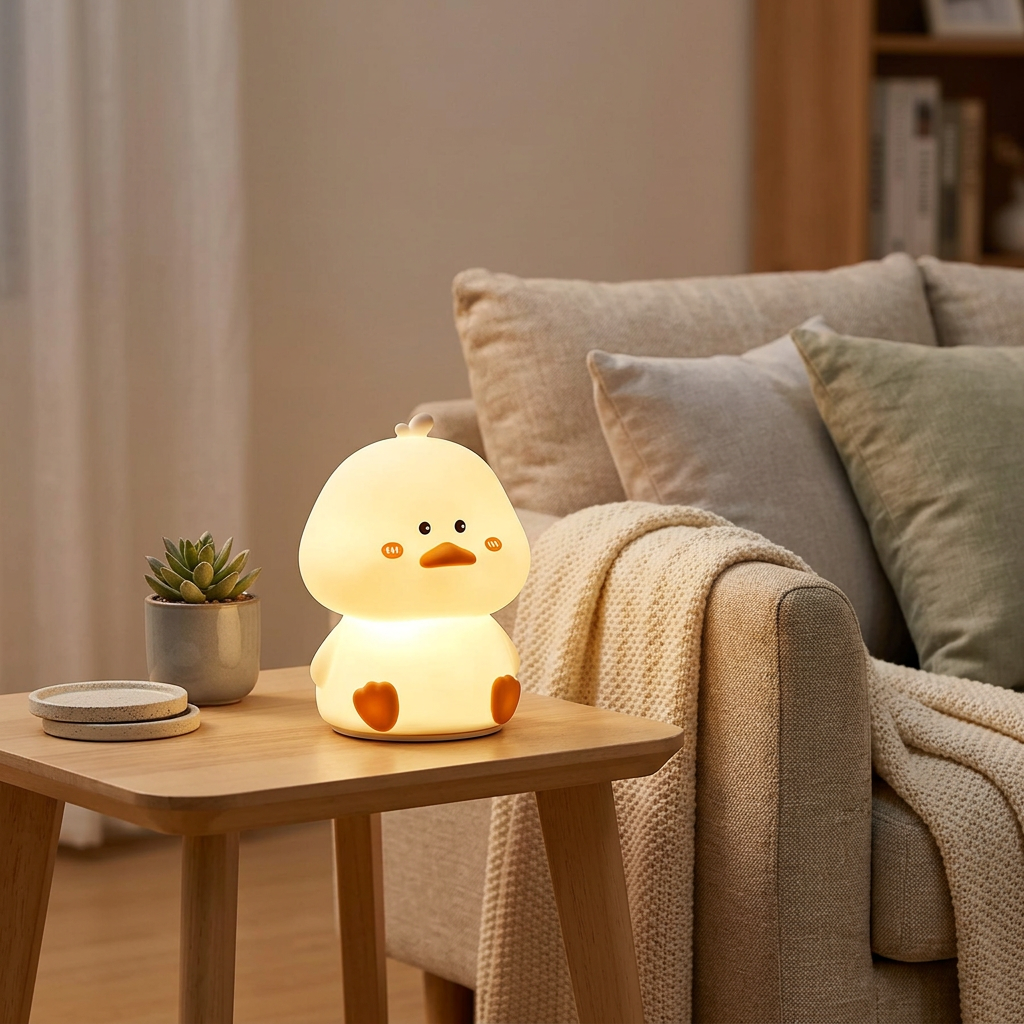 Veilleuse canard silicone LED rechargeable tactile sur fond blanc