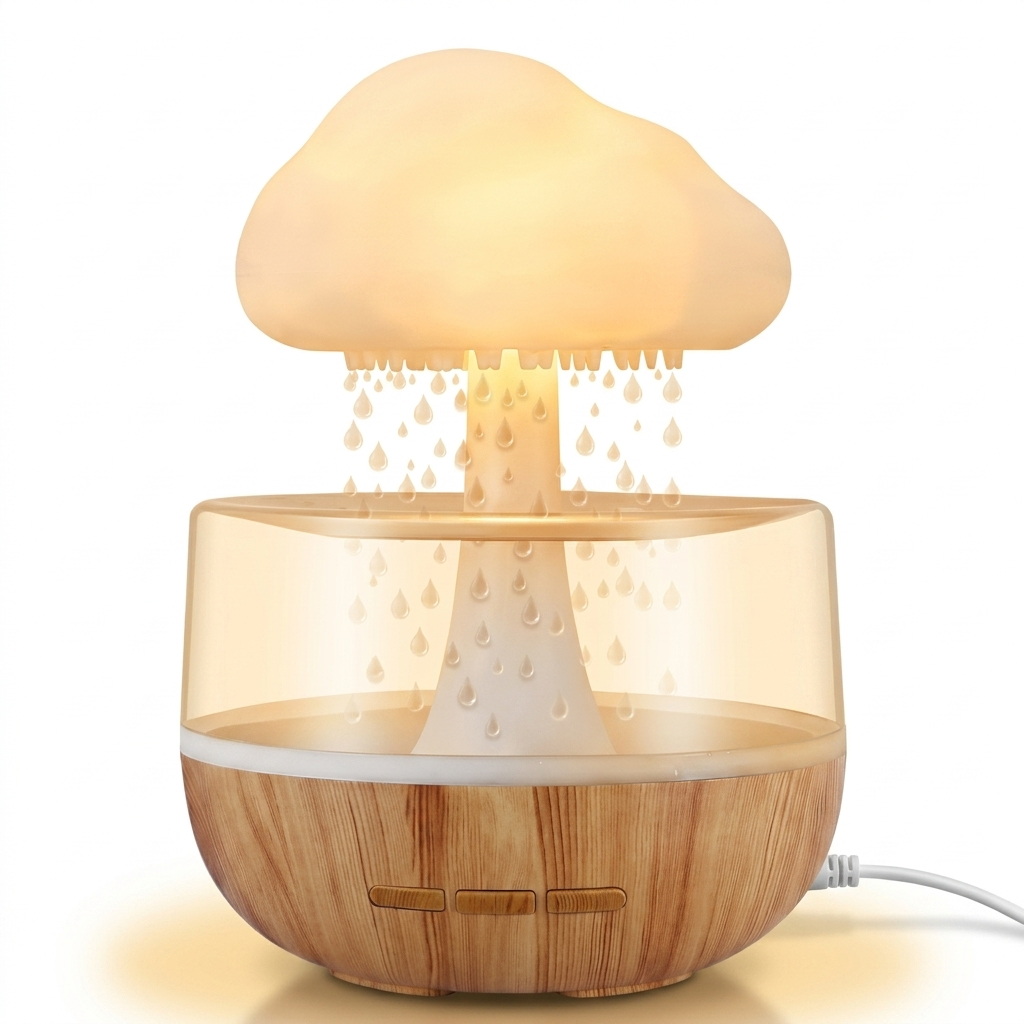 Veilleuse nuage pluie avec lumières colorées sur fond blanc