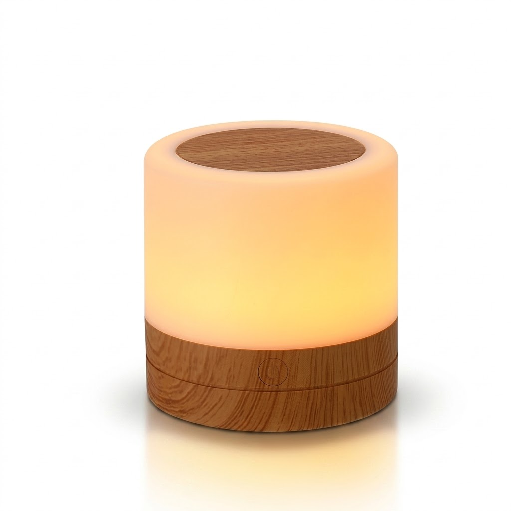 Veilleuse LED multicolore rechargeable avec télécommande sur fond blanc.