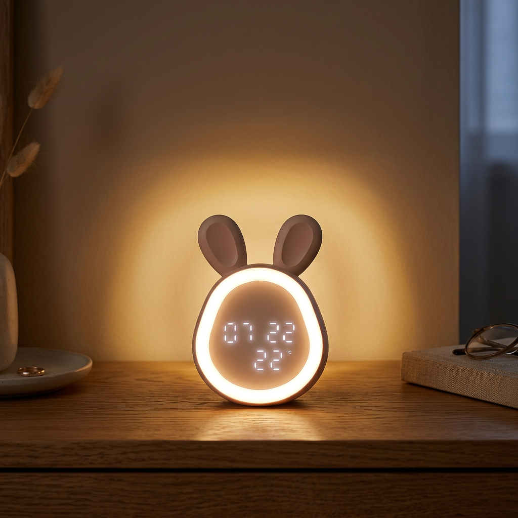 Veilleuse lapin cartoon LED avec réveil et écran digital