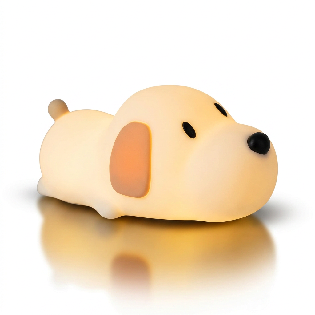 Veilleuse en forme de chien silicone LED rechargeable multicolore sur fond blanc