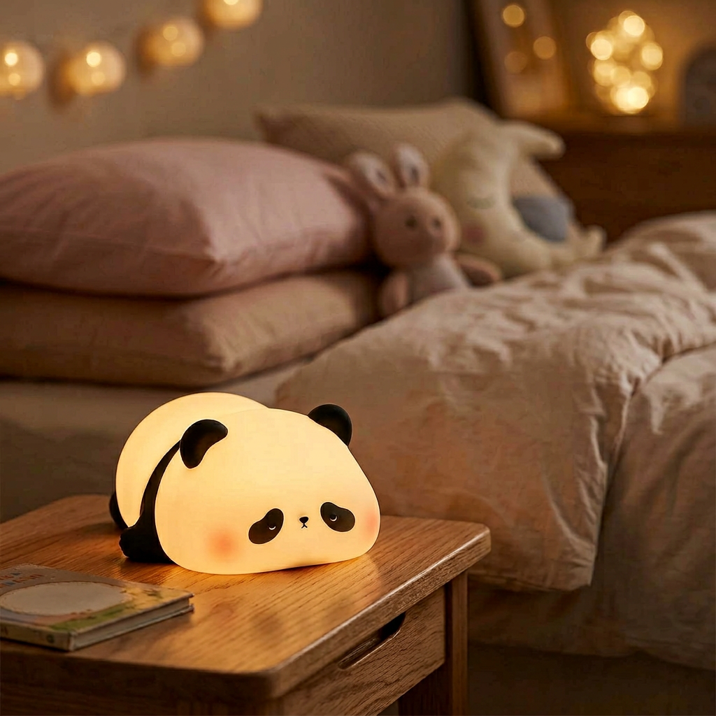 Veilleuse en silicone forme panda mouton lapin rechargeable sur fond blanc.