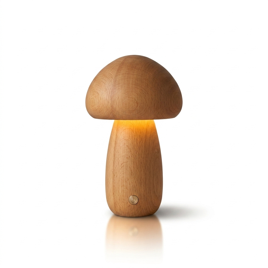 Veilleuse champignon en bois naturel avec LED chaude sur fond blanc