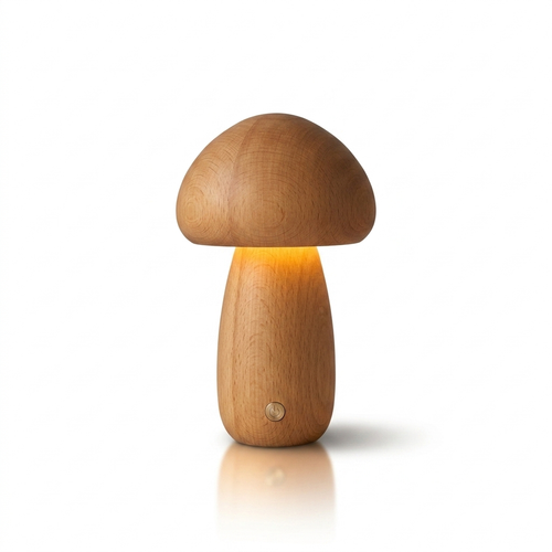 Veilleuse champignon en bois naturel avec LED chaude sur fond blanc