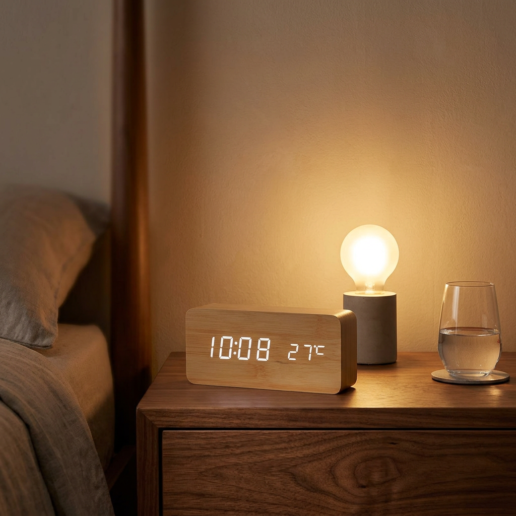 Veilleuse réveil digital bois LED affichage température chambre