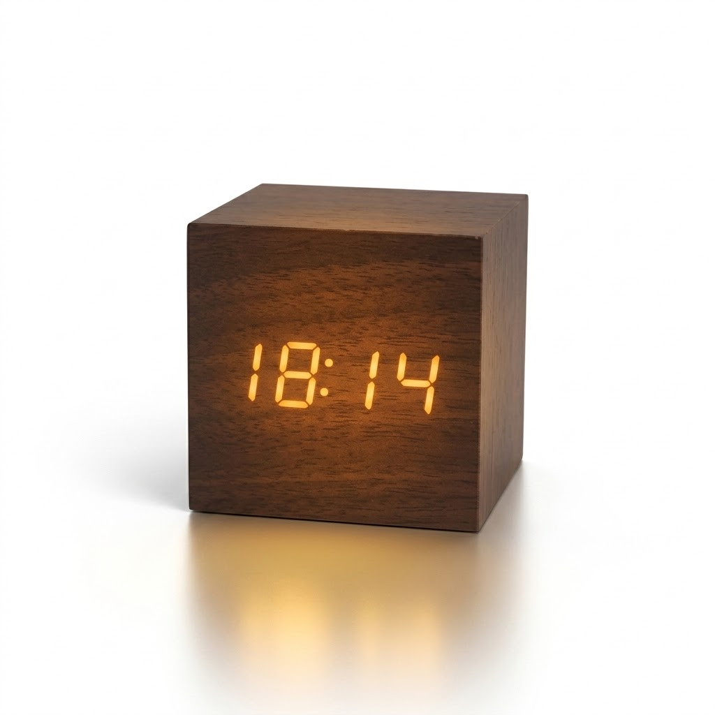 Veilleuse numérique en bois avec écran LED sur fond blanc.