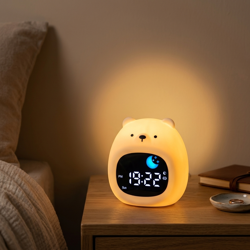 Veilleuse enfant rechargeable avec horloge digital LED sur fond blanc
