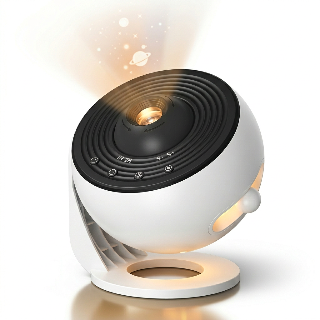 Veilleuse projecteur galaxie étoiles 360° sur fond blanc