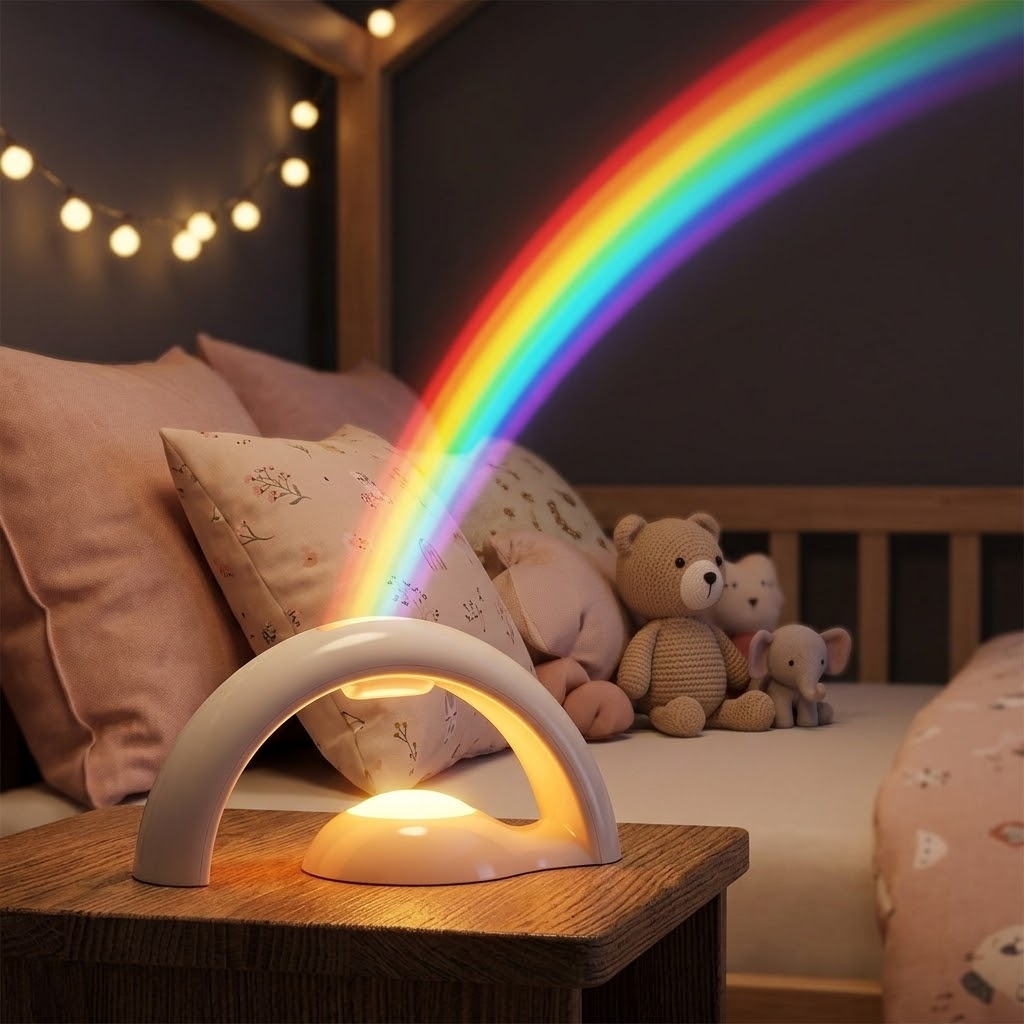 Veilleuse LED arc-en-ciel avec projection étoiles sur fond blanc
